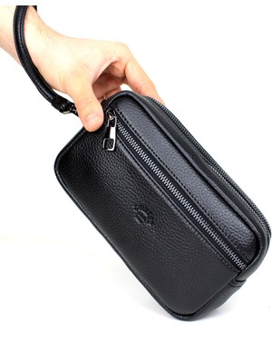 Derise Club Erkek Siyah Çok Bölmeli Kartlık Detaylı Lüks El ve Bileklik Kemerli Portföy El Çantası