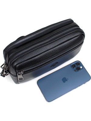 Derise Club Erkek Siyah Çok Bölmeli Kartlık Detaylı Lüks El ve Bileklik Kemerli Portföy El Çantası