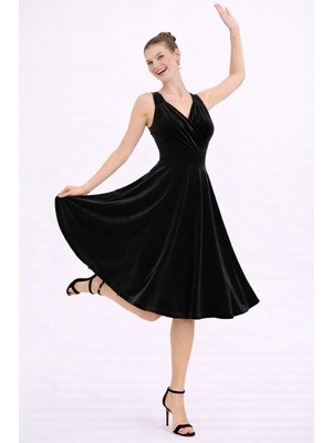 Ruris Kadın Siyah Kadife Kruvaze Yaka Kloş Midi Abiye Mezuniyet Elbisesi