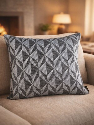 Mrs.Gugar Mrs Gugar 43X43 Keten Kırlent Kılıfı Açık Gri Antrasit Geometrik Desenli Dekoratif Yastık Kılıfı