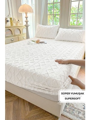 Evien Home Süper Yumuşak Jakarlı Kadifemsi Peluş Lastikli Fitted Çarşaf Seti Kaymaz Tek/Çift Kişilik Krem Kırık Beyaz