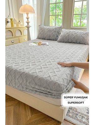 Evien Home Süper Yumuşak Jakarlı Kadifemsi Peluş Lastikli Fitted Çarşaf Seti Kaymaz Tek/Çift Kişilik Gri