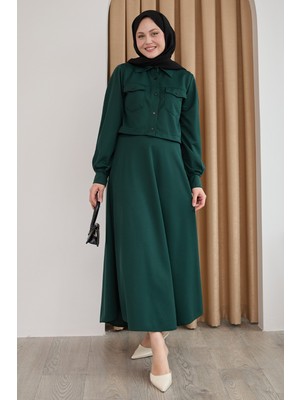 inStyle Düğmeli Bolerolu Etekli Zümrüt Yeşili Takım