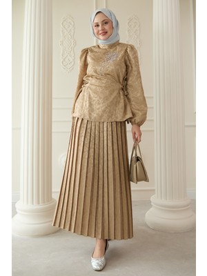 inStyle Leopar Desenli Jakar Etekli Bej Takım