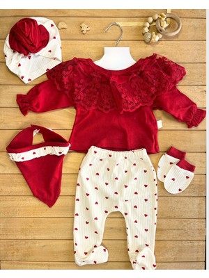 Çayzen Bayramlık Pamuklu Kalp Desenli Dantel Yakalı Yenidoğan 5'li Hastane Çıkışı-Bebek Takımı