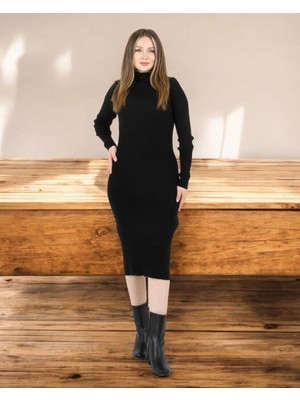 Sortie Collection Dik Yaka Uzun Kollu Ribanalı Slim Fit Triko Elbise