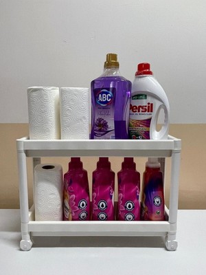Özbience Tekerlekli 2 Katlı Lavabo Altı Mutfak ve Banyo Düzenleyici Raf Beyaz