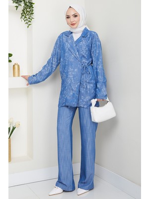 inStyle Kot Görünümlü Jakar Mavi Kimono Takım