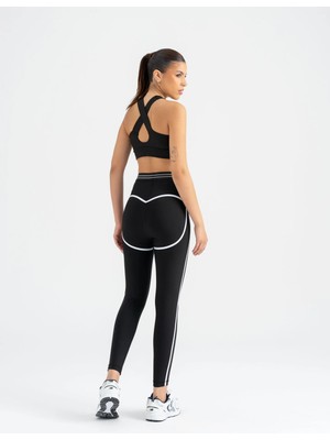 Lismina Beli Siyah - Beyaz Lastikli Beyaz Biyeli Siyah Spor Tayt