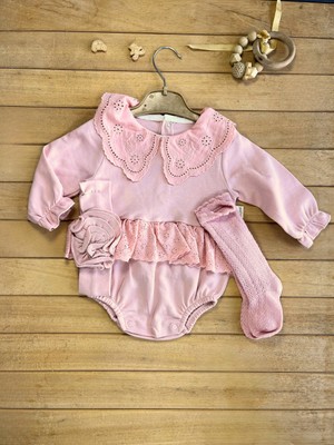 Çayzen Bayramlık Kız Bebek Fistolu 3 Parça Romper Çoraplı Bandanalı Yenidoğan Tulum Body - Gül Kurusu