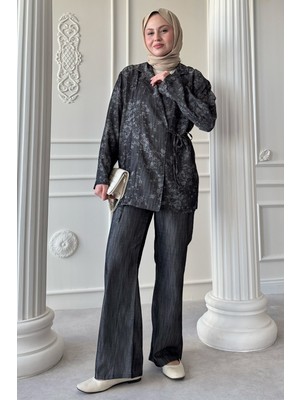 inStyle Kot Görünümlü Jakar Antrasit Kimono Takım