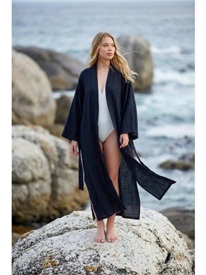 Miespiga %100 Pamuklu Dokuma Beli Kuşaklı Maxi Kadın Kimono Kaftan