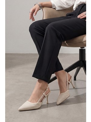 Marjin Kadın Stiletto Sivri Burun Örgü Desen Arkası Açık Topuklu Ayakkabı Arisa Ekru