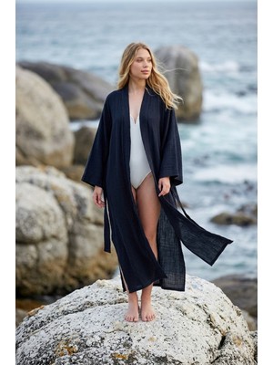 Miespiga %100 Pamuklu Dokuma Beli Kuşaklı Maxi Kadın Kimono Kaftan