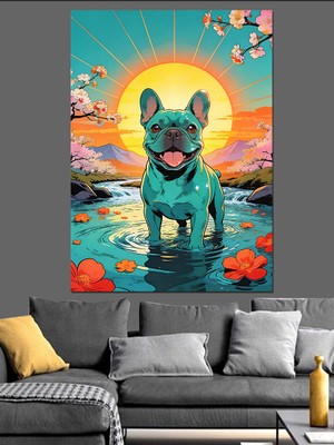 Tablomega Gün Batımında Koşan Fransız Bulldog Dekoratif Kanvas - Mdf Ahşap Tablo