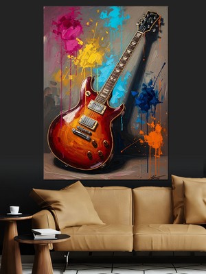 Tablomega Renk Sıçramalı Sanatsal Gitar Tablosu Dekoratif Kanvas - Mdf Ahşap Tablo