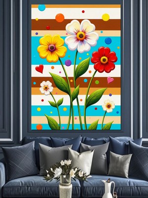Tablomega Çizgili Zemin Üzerinde Renkli Çiçekler Dekoratif Kanvas - Mdf Ahşap Tablo