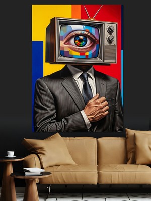 Tablomega Televizyon Kafalı Takım Elbiseli Dekoratif Kanvas - Mdf Ahşap Tablo
