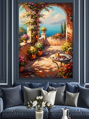 Tablomega Deniz Manzaralı Çiçekli Balkon Kapısı Dekoratif Kanvas - Mdf Ahşap Tablo