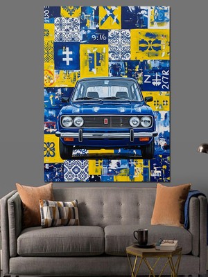 Tablomega Mavi ve Sarı Desenli Araba Dekoratif Kanvas - Mdf Ahşap Tablo