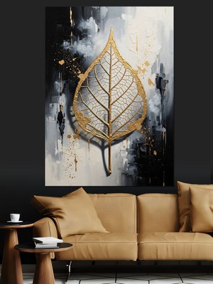 Tablomega Altın Varaklı Ince Yaprak Dokusu Dekoratif Kanvas - Mdf Ahşap Tablo