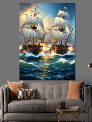 Tablomega Fırtınalı Denizde Çarpışan Yelkenli Gemiler Dekoratif Kanvas - Mdf Ahşap Tablo