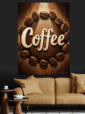 Tablomega Kahve Çekirdeklerinden Oluşan Yazı Dekoratif Kanvas - Mdf Ahşap Tablo