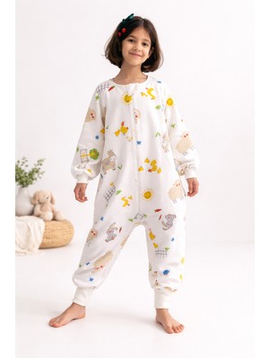 Pamuk Pazen Uzun Kollu Kışlık Çocuk Uyku Tulumu %100 Pamuk Çiftlik Desenli 20-24 Derece 1 Tog
