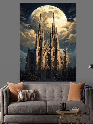 Tablomega Gece Işıkları Altında Gotik Katedral Dekoratif Kanvas - Mdf Ahşap Tablo