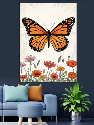 Tablomega Papatyalar Arasında Büyük Turuncu Kelebek Dekoratif Kanvas - Mdf Ahşap Tablo