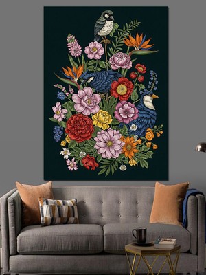 Tablomega Renkli Çiçekler Arasında Küçük Kuş Dekoratif Kanvas - Mdf Ahşap Tablo