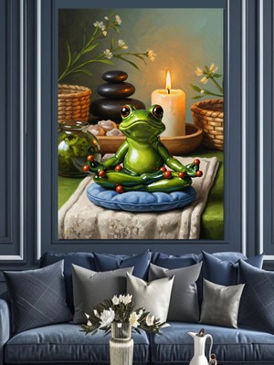 Tablomega Meditasyon Yapan Bilge Yeşil Kurbağa Dekoratif Kanvas - Mdf Ahşap Tablo
