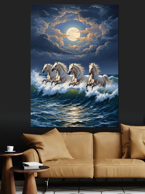 Tablomega Dalgalar Arasından Koşan Beyaz Atlar Dekoratif Kanvas - Mdf Ahşap Tablo