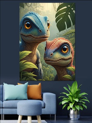 Tablomega Meraklı Iki Bebek Dinozor Portresi Dekoratif Kanvas - Mdf Ahşap Tablo