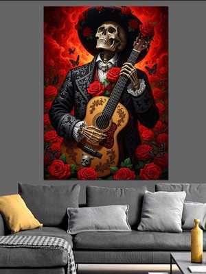 Tablomega Meksikalı Gitar Çalan Iskelet Dekoratif Kanvas - Mdf Ahşap Tablo