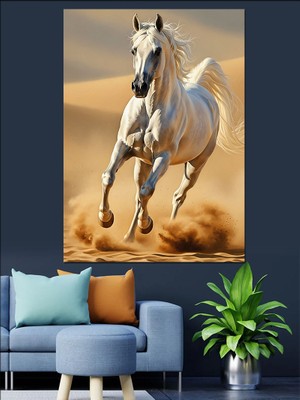Tablomega Çölde Koşan Asil Beyaz At Dekoratif Kanvas - Mdf Ahşap Tablo