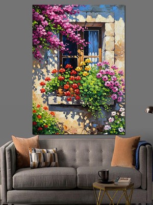 Tablomega Çiçeklerle Süslü Mavi Pencere Önü Dekoratif Kanvas - Mdf Ahşap Tablo