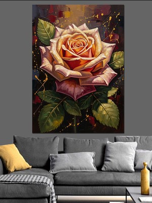 Tablomega Vazoda Altın Detaylı Büyük Gül Dekoratif Kanvas - Mdf Ahşap Tablo