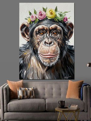 Tablomega Çiçekli Taçlı Gülümseyen Şempanze Dekoratif Kanvas - Mdf Ahşap Tablo