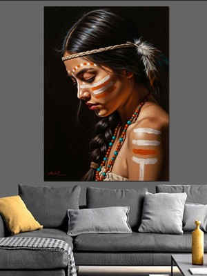 Tablomega Boyalı ve Otantik Kızılderili Kadın Dekoratif Kanvas - Mdf Ahşap Tablo