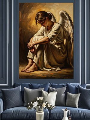 Tablomega Diz Çökmüş Hüzünlü Kadın Melek Dekoratif Kanvas - Mdf Ahşap Tablo