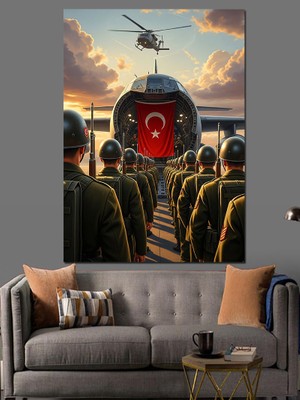 Tablomega Türk Bayraklı Askeri Uçak ve Askerler Dekoratif Kanvas - Mdf Ahşap Tablo