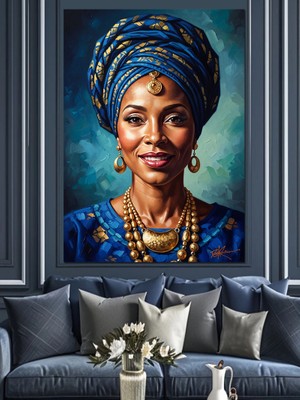 Tablomega Mavi Türbanlı Asil Afrikalı Kadın Dekoratif Kanvas - Mdf Ahşap Tablo