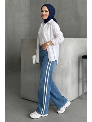 Tesettür Diyarı Kadın Şeritli Baggy Kot Pantolon- Mavi Beyaz