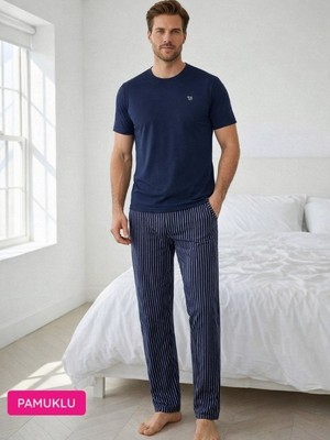Guava Erkek Lacivert Düğmesiz Bisiklet Yaka Çizgili Jakarlı Pamuk Likra Kısa Kol Cepli Pijama Takımı