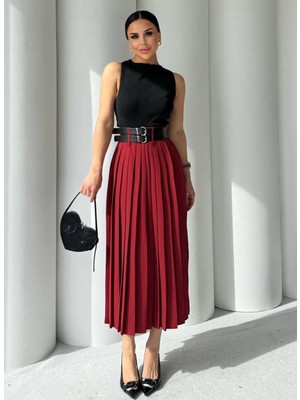 Cemo Kadın Pileli Yüksek Bel Kemer Detaylı Midi Etek