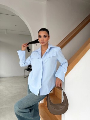 Cemo Kadın Klasik Yaka Cepli Uzun Kollu Gömlek