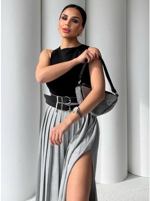 Cemo Kadın Pileli Yüksek Bel Kemer Detaylı Midi Etek