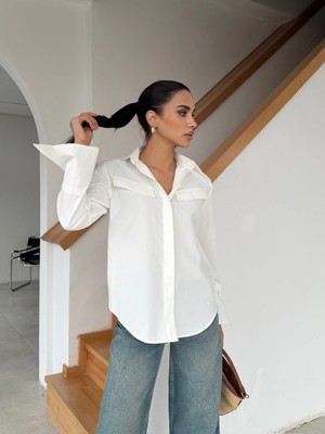 Cemo Kadın Klasik Yaka Cepli Uzun Kollu Gömlek