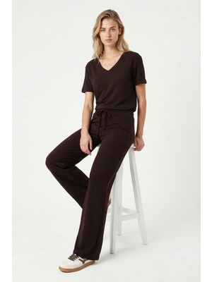 Ritnice Kadın Elya Modal Touch V Yaka Bel Lastikli Cepli Kahverengi Alt Üst Takım